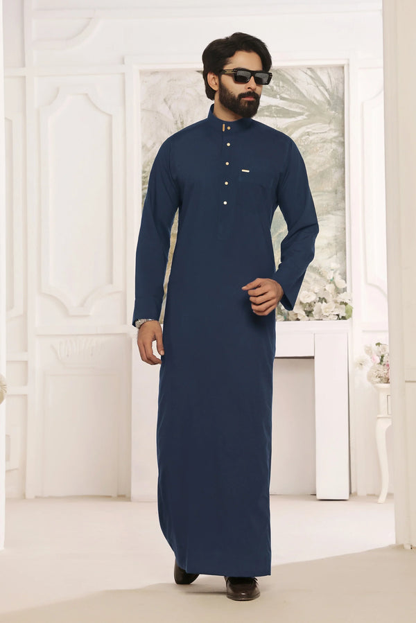 Blue Saudi Collar Thobe - Round Collar with hems