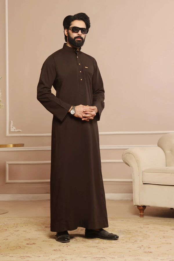 Dark Brown Saudi Collar Thobe - Round Collar with hems