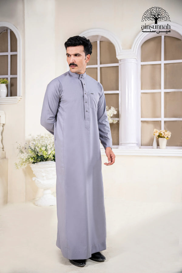 Silver Gray Saudi Collar Thobe - Round Collar with hems