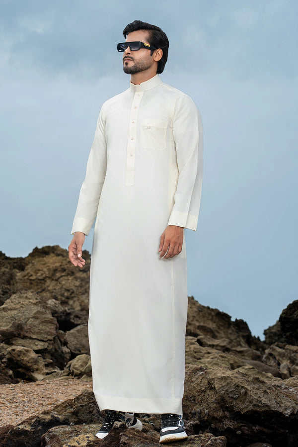 Cream Saudi Collar Thobe - Round Collar with hems