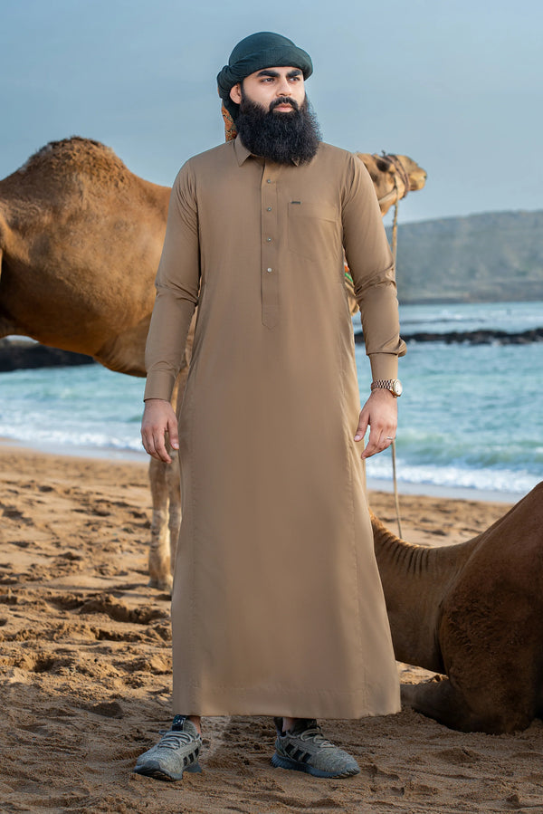 Coffee Saudi Shirt Collar Thobe - Exude Elegance