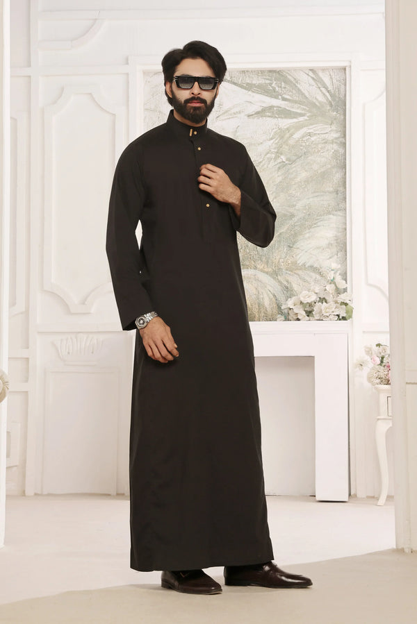 Dark Chocolate Saudi Collar Thobe - Round Collar with hems