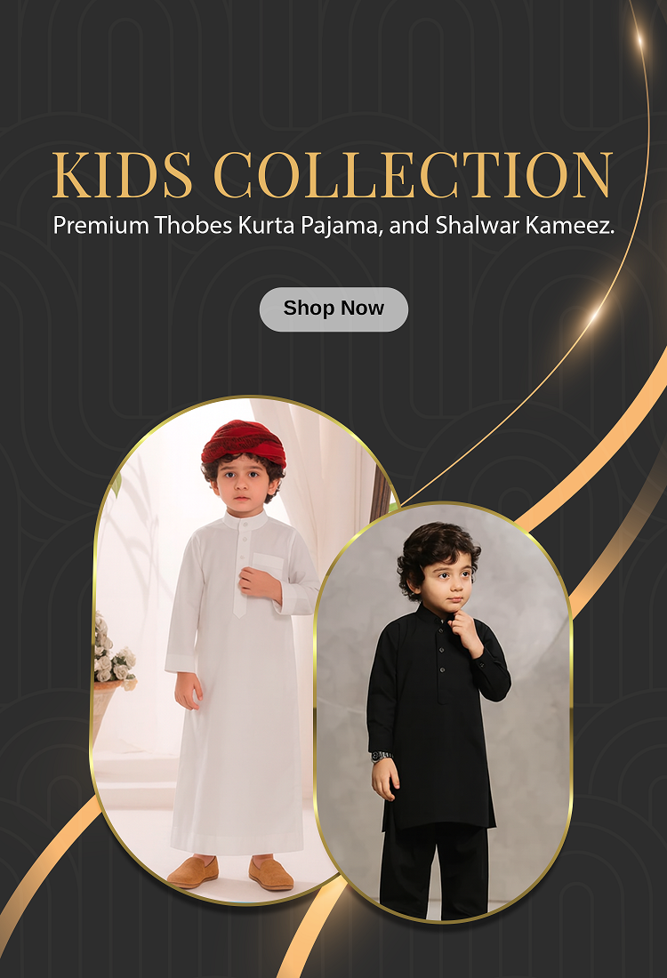 Advertisement for kids clothing collection with two children wearing traditional outfits on a dark background.